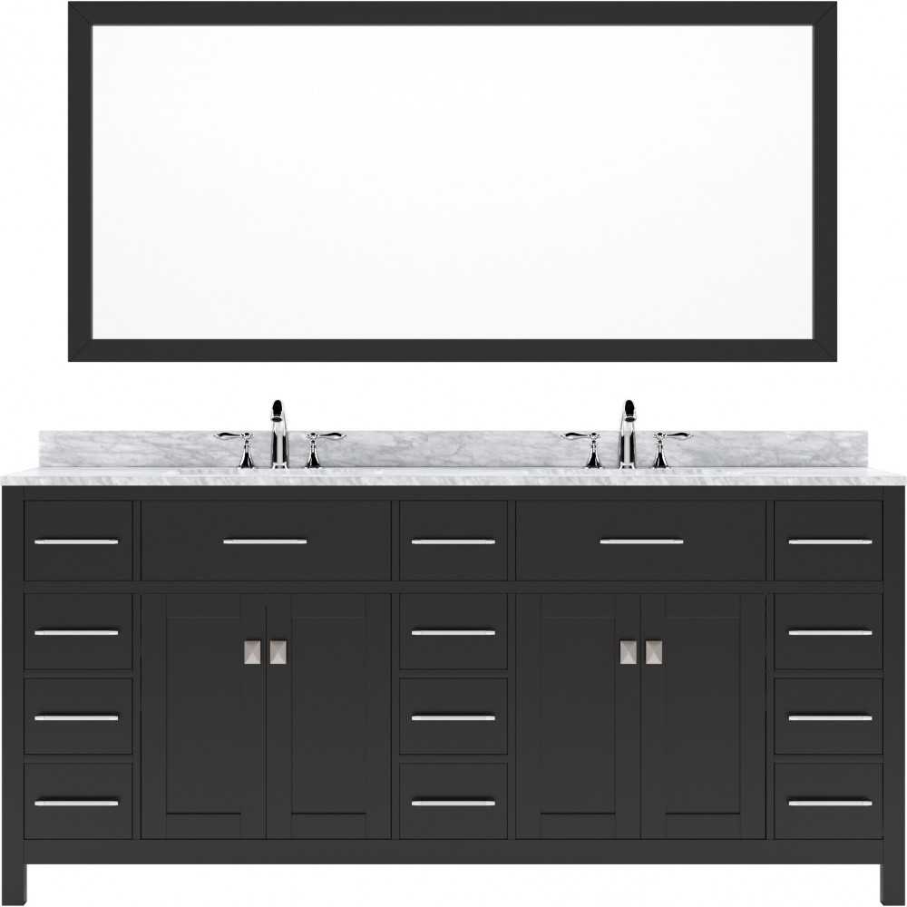 Caroline Parkway 72" Double Bath Vanity in Espresso with White Marble Top and Round Sinks and Matching Mirror