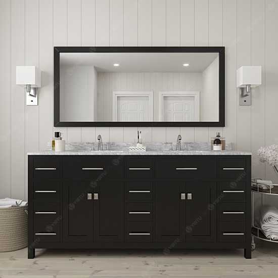 Caroline Parkway 72" Double Bath Vanity in Espresso with White Marble Top and Round Sinks and Matching Mirror