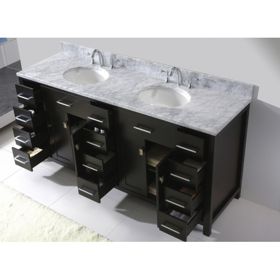 Caroline Parkway 72" Double Bath Vanity in Espresso with White Marble Top and Round Sinks and Matching Mirror