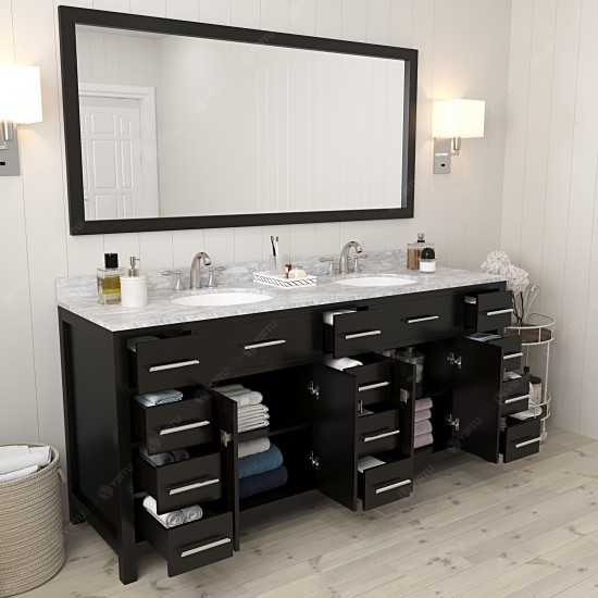 Caroline Parkway 72" Double Bath Vanity in Espresso with White Marble Top and Round Sinks with Brushed Nickel Faucets and Mir