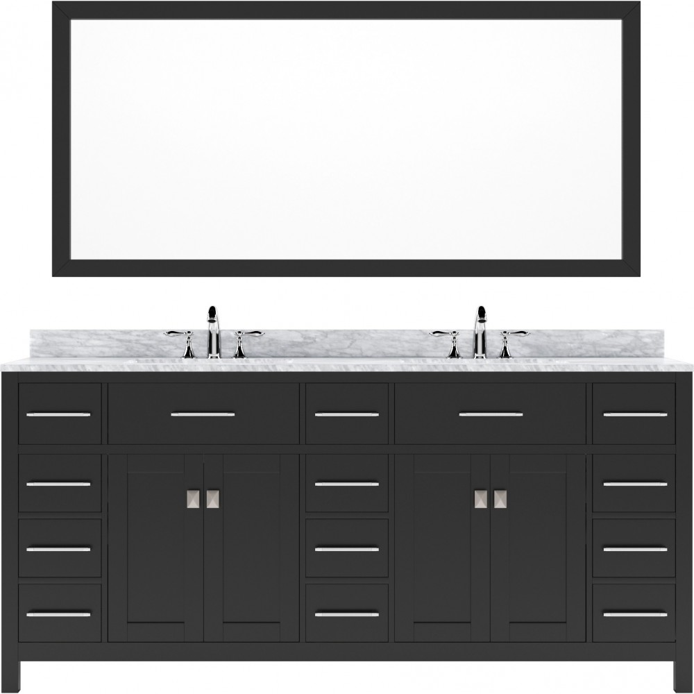 Caroline Parkway 72" Double Vanity in Espresso with White Marble Top and Round Sinks with Polished Chrome Faucets and Mirror