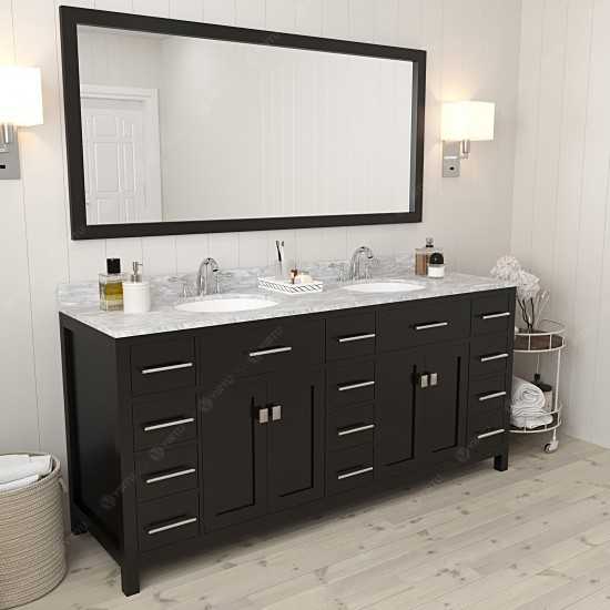 Caroline Parkway 72" Double Vanity in Espresso with White Marble Top and Round Sinks with Polished Chrome Faucets and Mirror