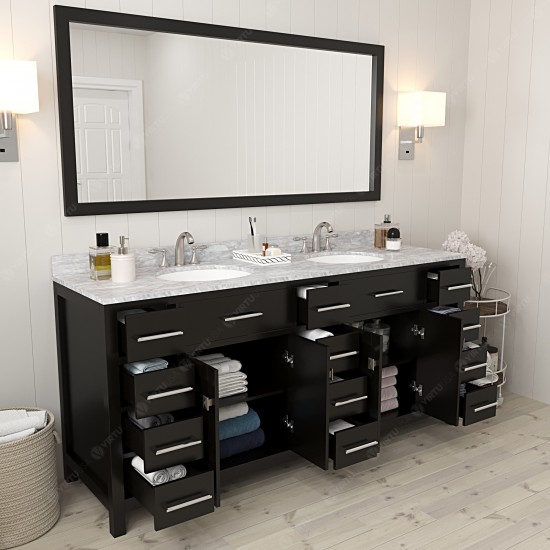 Caroline Parkway 72" Double Vanity in Espresso with White Marble Top and Round Sinks with Polished Chrome Faucets and Mirror