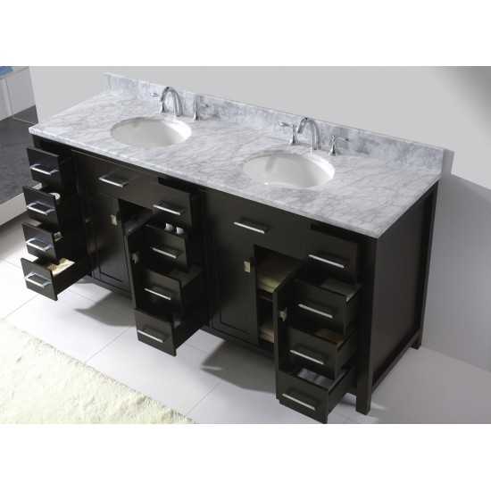 Caroline Parkway 72" Double Vanity in Espresso with White Marble Top and Round Sinks with Polished Chrome Faucets and Mirror