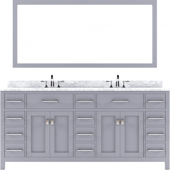 Caroline Parkway 72" Double Bath Vanity in Gray with White Marble Top and Round Sinks and Matching Mirror