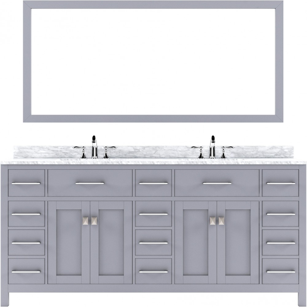 Caroline Parkway 72" Double Bath Vanity in Gray with White Marble Top and Round Sinks and Matching Mirror