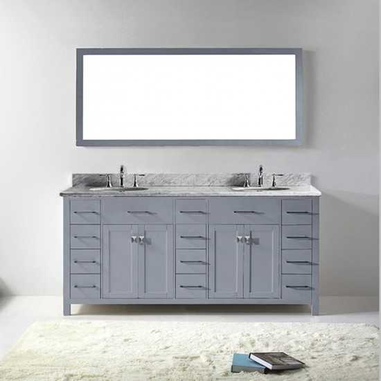 Caroline Parkway 72" Double Bath Vanity in Gray with White Marble Top and Round Sinks and Matching Mirror