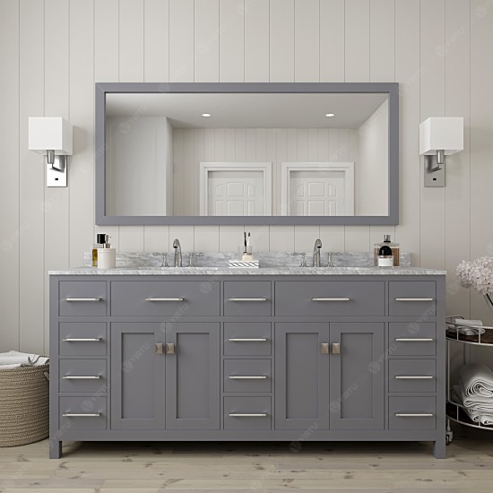 Caroline Parkway 72" Double Bath Vanity in Gray with White Marble Top and Round Sinks and Matching Mirror