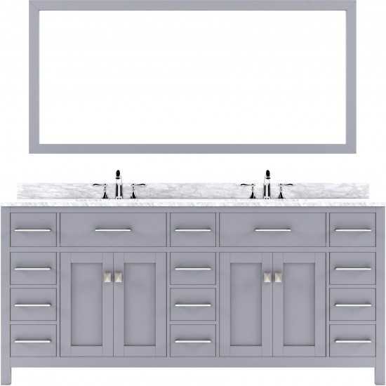 Caroline Parkway 72" Double Bath Vanity in Gray with White Marble Top and Round Sinks with Brushed Nickel Faucets and Mirror