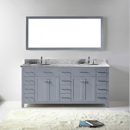 Caroline Parkway 72" Double Bath Vanity in Gray with White Marble Top and Round Sinks with Brushed Nickel Faucets and Mirror