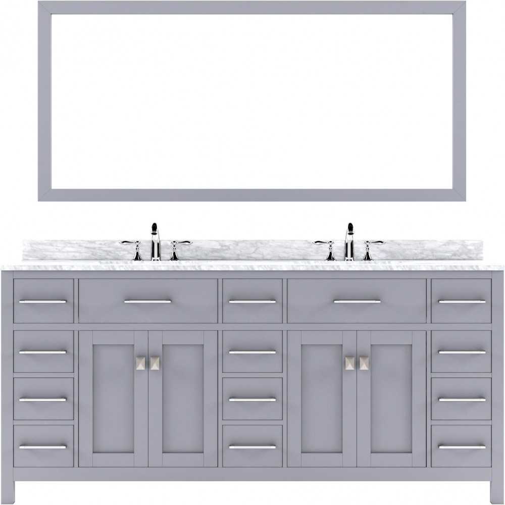 Caroline Parkway 72" Double Bath Vanity in Gray with White Marble Top and Round Sinks with Polished Chrome Faucets and Mirror