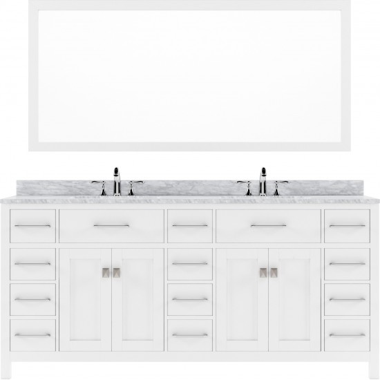 Caroline Parkway 72" Double Bath Vanity in White with White Marble Top and Round Sinks and Matching Mirror