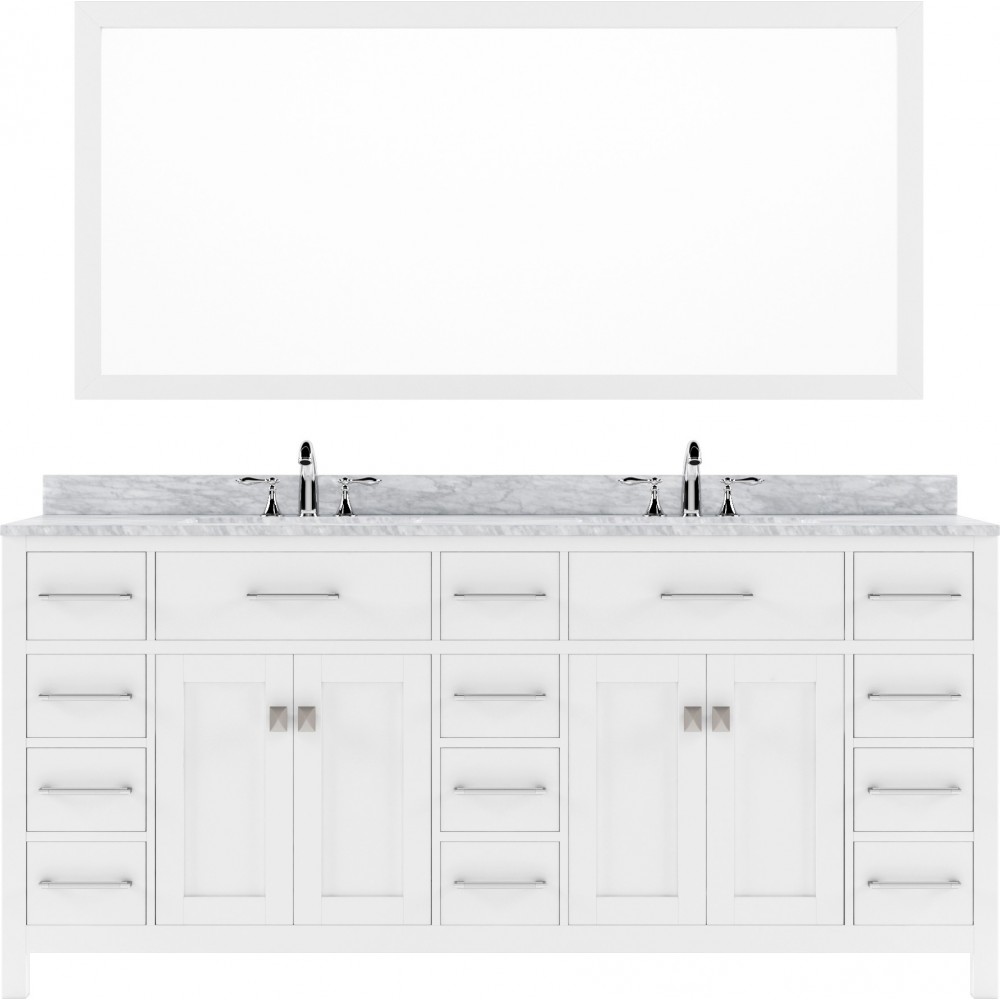 Caroline Parkway 72" Double Bath Vanity in White with White Marble Top and Round Sinks and Matching Mirror