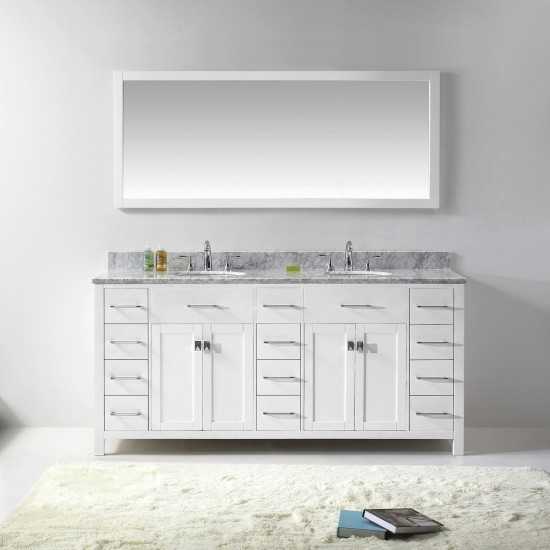 Caroline Parkway 72" Double Bath Vanity in White with White Marble Top and Round Sinks and Matching Mirror