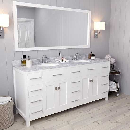 Caroline Parkway 72" Double Bath Vanity in White with White Marble Top and Round Sinks and Matching Mirror