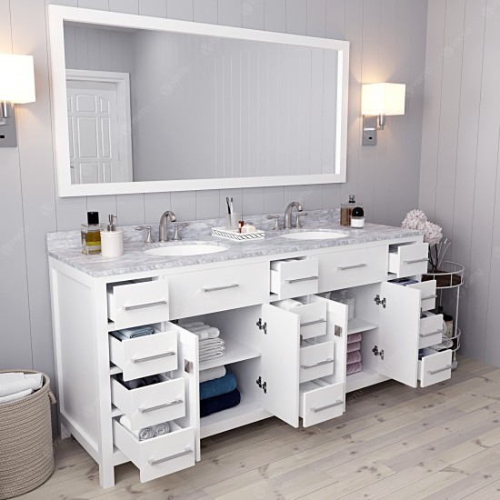 Caroline Parkway 72" Double Bath Vanity in White with White Marble Top and Round Sinks and Matching Mirror