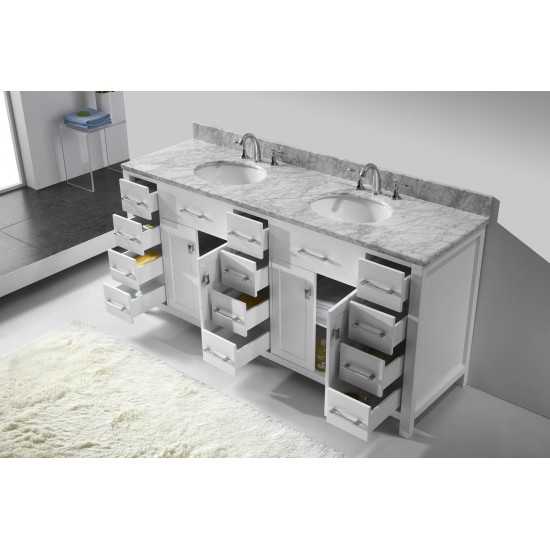 Caroline Parkway 72" Double Bath Vanity in White with White Marble Top and Round Sinks and Matching Mirror