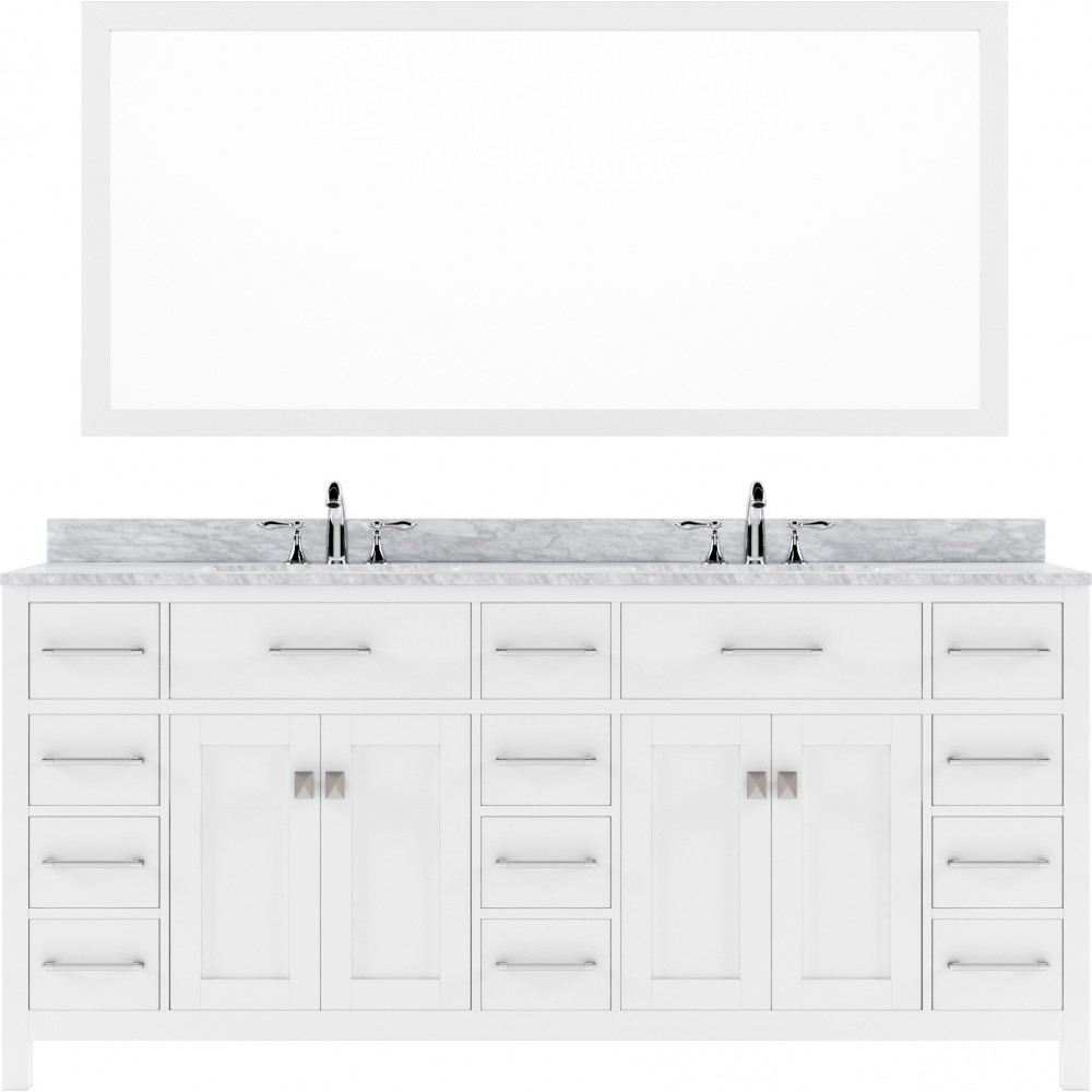 Caroline Parkway 72" Double Bath Vanity in White with White Marble Top and Round Sinks with Brushed Nickel Faucets and Mirror