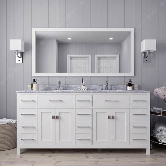 Caroline Parkway 72" Double Bath Vanity in White with White Marble Top and Round Sinks with Brushed Nickel Faucets and Mirror