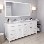 Caroline Parkway 72" Double Bath Vanity in White with White Marble Top and Round Sinks with Brushed Nickel Faucets and Mirror