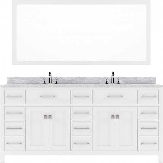 Caroline Parkway 72" Double Bath Vanity in White with White Marble Top and Round Sinks with Polished Chrome Faucets and Mirro