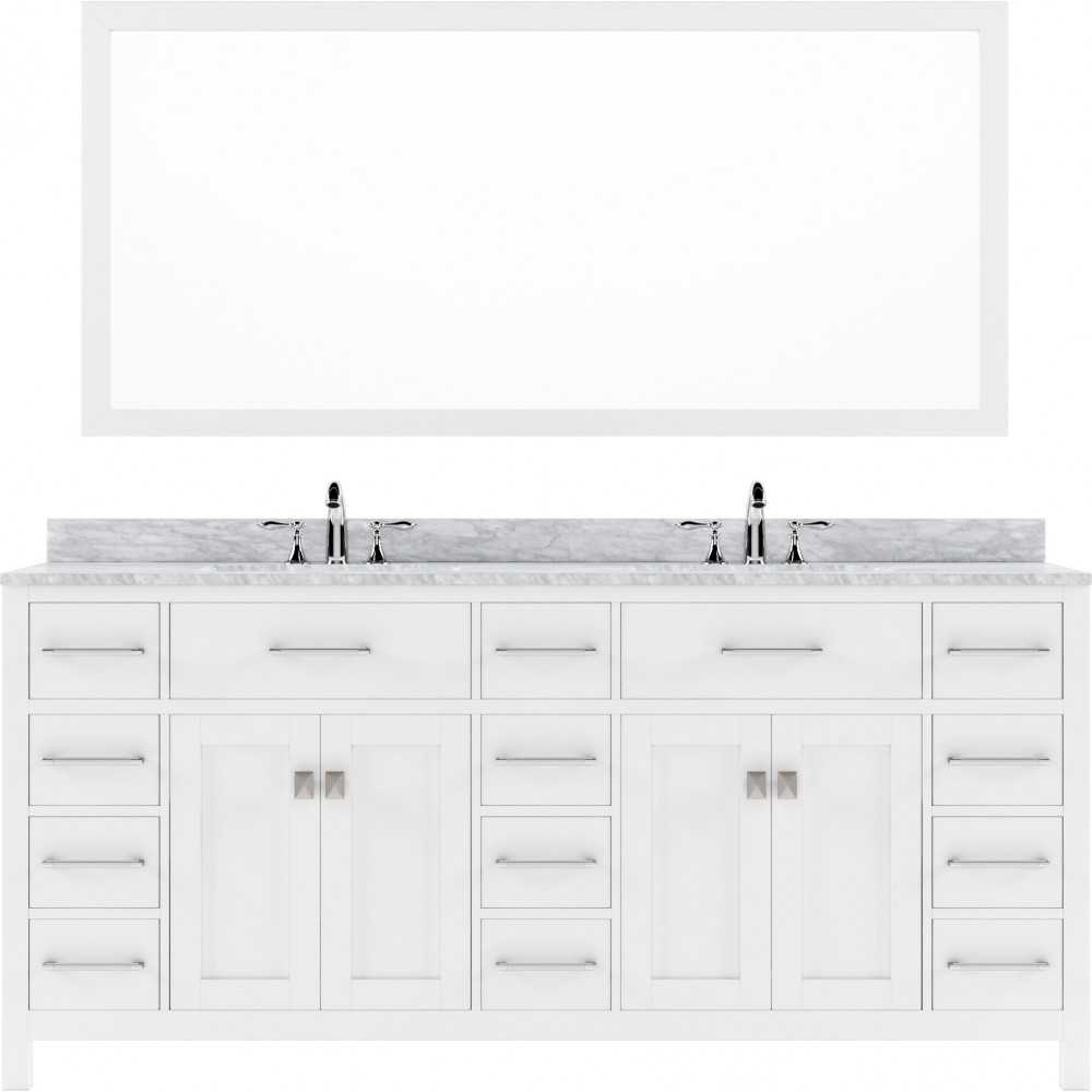 Caroline Parkway 72" Double Bath Vanity in White with White Marble Top and Round Sinks with Polished Chrome Faucets and Mirro