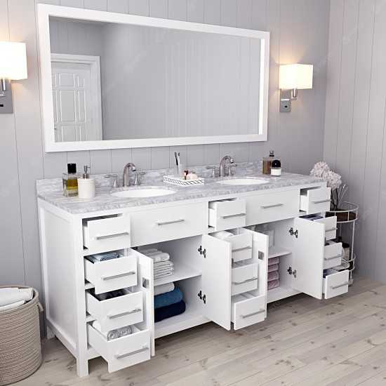 Caroline Parkway 72" Double Bath Vanity in White with White Marble Top and Round Sinks with Polished Chrome Faucets and Mirro