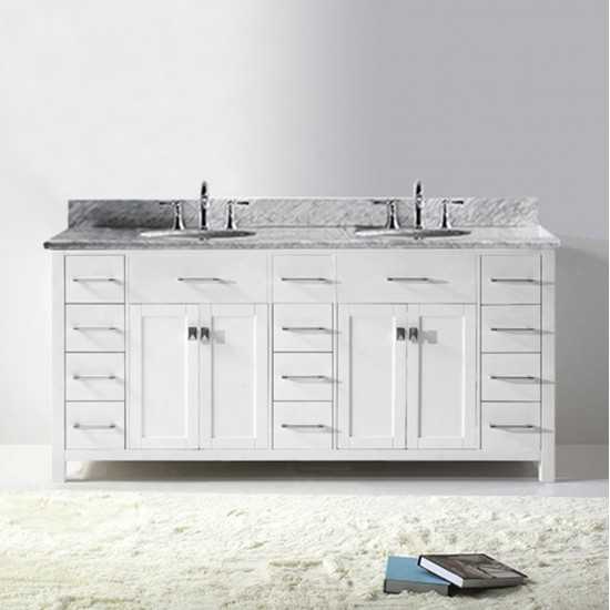 Caroline Parkway 72" Double Bath Vanity in White with White Marble Top and Round Sinks