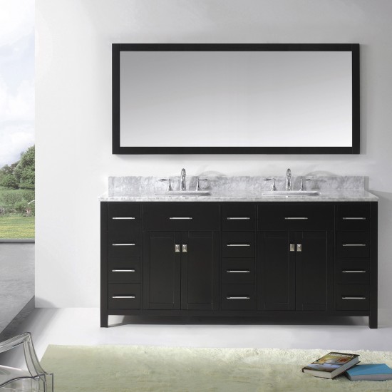 Caroline Parkway 72" Double Vanity in Espresso with White Marble Top and Square Sinks with Brushed Nickel Faucets and Mirror