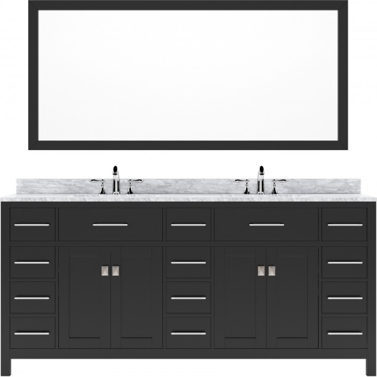 Caroline Parkway 72" Double Vanity in Espresso with White Marble Top and Square Sinks with Polished Chrome Faucets and Mirror