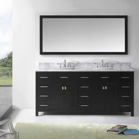 Caroline Parkway 72" Double Vanity in Espresso with White Marble Top and Square Sinks with Polished Chrome Faucets and Mirror