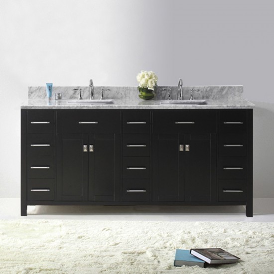 Caroline Parkway 72" Double Bath Vanity in Espresso with White Marble Top and Square Sinks