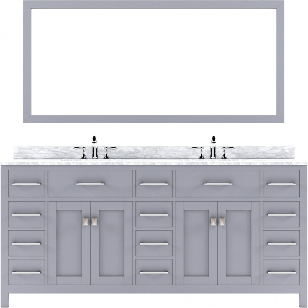 Caroline Parkway 72" Double Bath Vanity in Gray with White Marble Top and Square Sinks and Matching Mirror