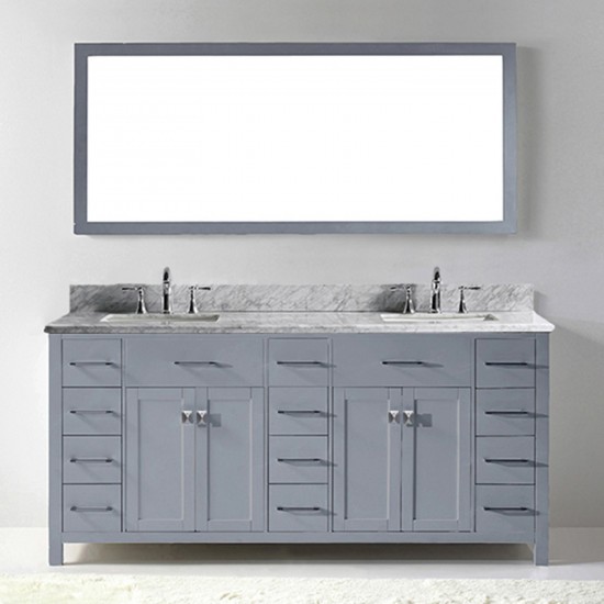 Caroline Parkway 72" Double Bath Vanity in Gray with White Marble Top and Square Sinks with Polished Chrome Faucets and Mirro