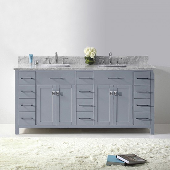 Caroline Parkway 72" Double Bath Vanity in Gray with White Marble Top and Square Sinks