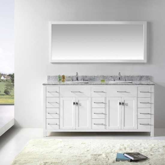 Caroline Parkway 72" Double Bath Vanity in White with White Marble Top and Square Sinks and Matching Mirror