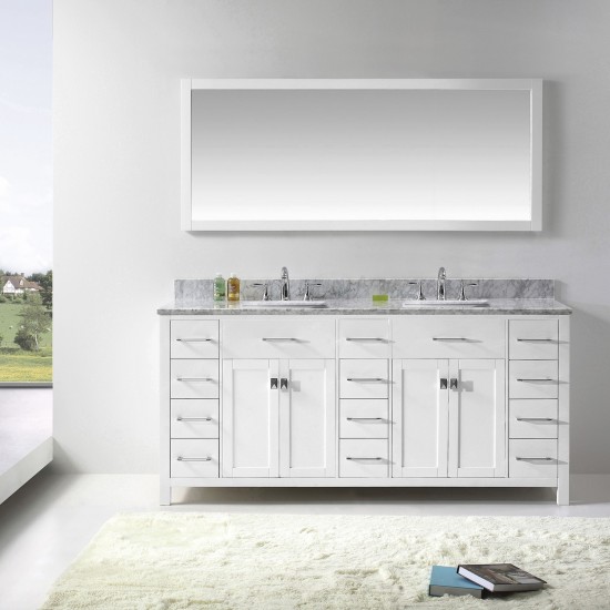 Caroline Parkway 72" Double Bath Vanity in White with White Marble Top and Square Sinks with Polished Chrome Faucets and Mirr