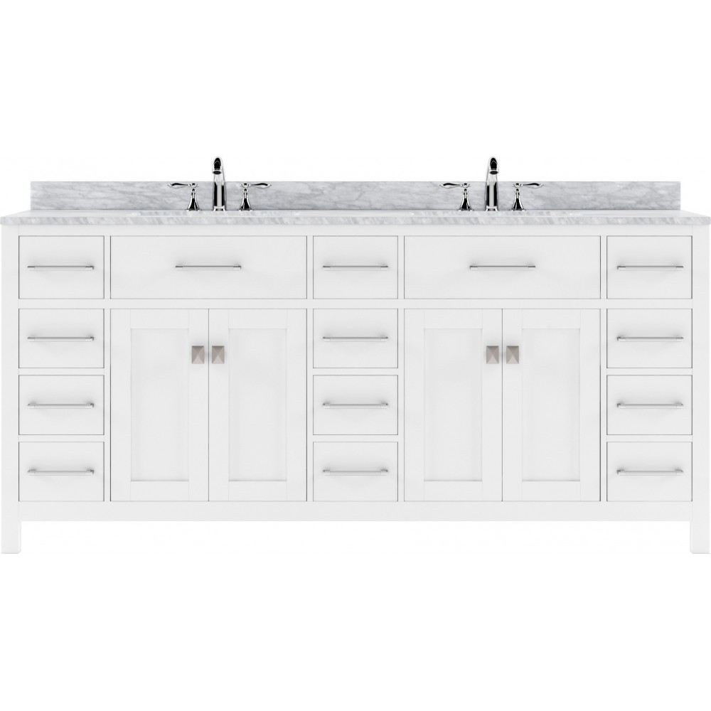 Caroline Parkway 72" Double Bath Vanity in White with White Marble Top and Square Sinks