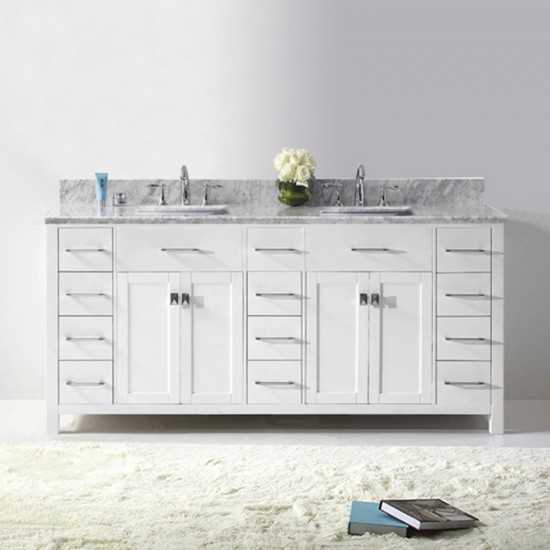 Caroline Parkway 72" Double Bath Vanity in White with White Marble Top and Square Sinks