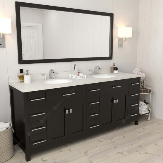 Caroline Parkway 78" Double Vanity in Espresso with White Quartz Top and Round Sinks with Polished Chrome Faucets and Mirror