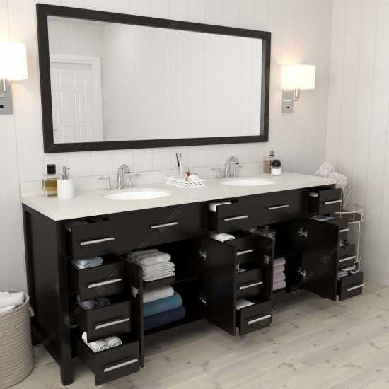 Caroline Parkway 78" Double Vanity in Espresso with White Quartz Top and Round Sinks with Polished Chrome Faucets and Mirror