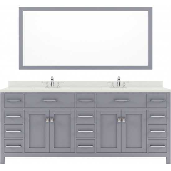 Caroline Parkway 78" Double Bath Vanity in Gray with White Quartz Top and Round Sinks and Matching Mirror