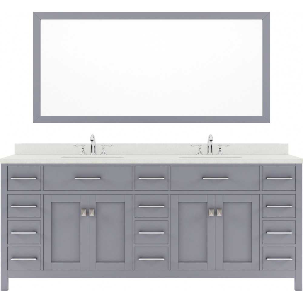 Caroline Parkway 78" Double Bath Vanity in Gray with White Quartz Top and Round Sinks and Matching Mirror