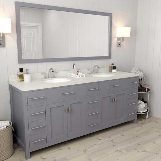 Caroline Parkway 78" Double Bath Vanity in Gray with White Quartz Top and Round Sinks and Matching Mirror