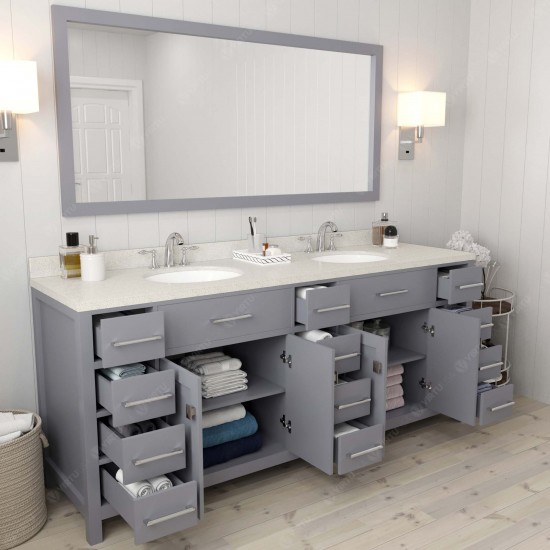 Caroline Parkway 78" Double Bath Vanity in Gray with White Quartz Top and Round Sinks and Matching Mirror