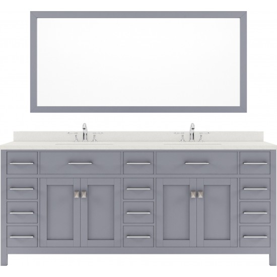 Caroline Parkway 78" Double Bath Vanity in Gray with White Quartz Top and Round Sinks with Polished Chrome Faucets and Mirror