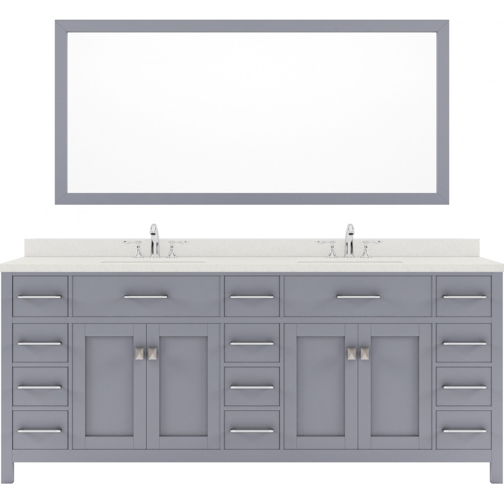 Caroline Parkway 78" Double Bath Vanity in Gray with White Quartz Top and Round Sinks with Polished Chrome Faucets and Mirror