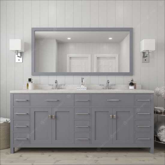 Caroline Parkway 78" Double Bath Vanity in Gray with White Quartz Top and Round Sinks with Polished Chrome Faucets and Mirror