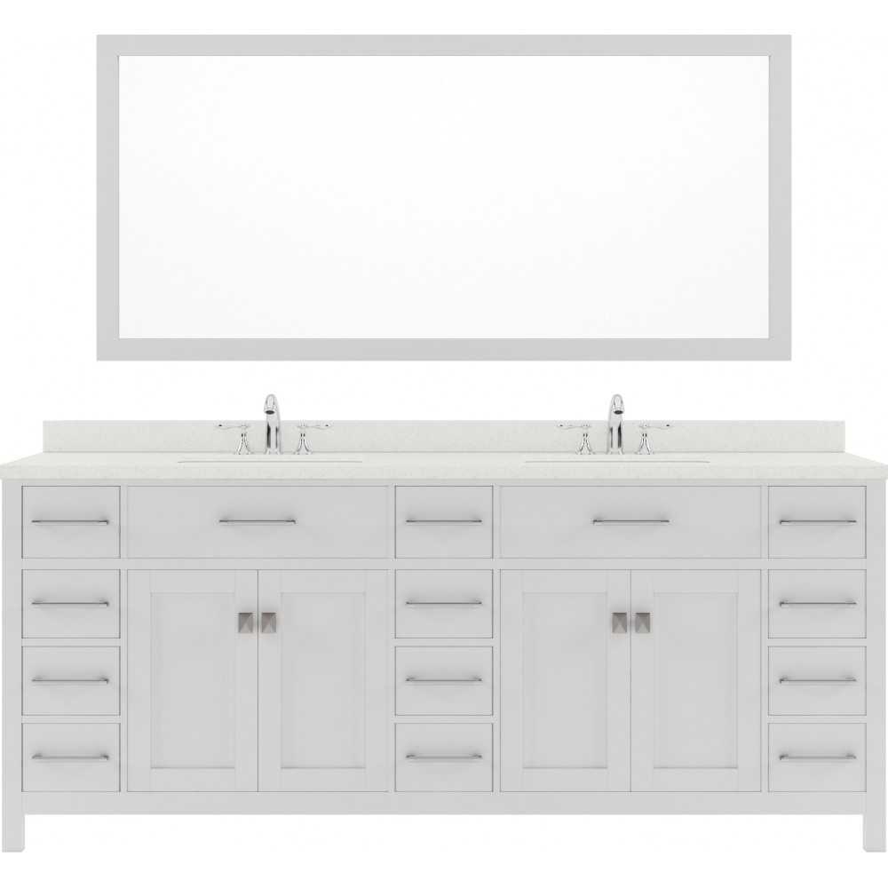 Caroline Parkway 78" Double Bath Vanity in White with White Quartz Top and Round Sinks and Matching Mirror