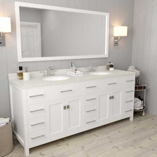 Caroline Parkway 78" Double Bath Vanity in White with White Quartz Top and Round Sinks and Matching Mirror